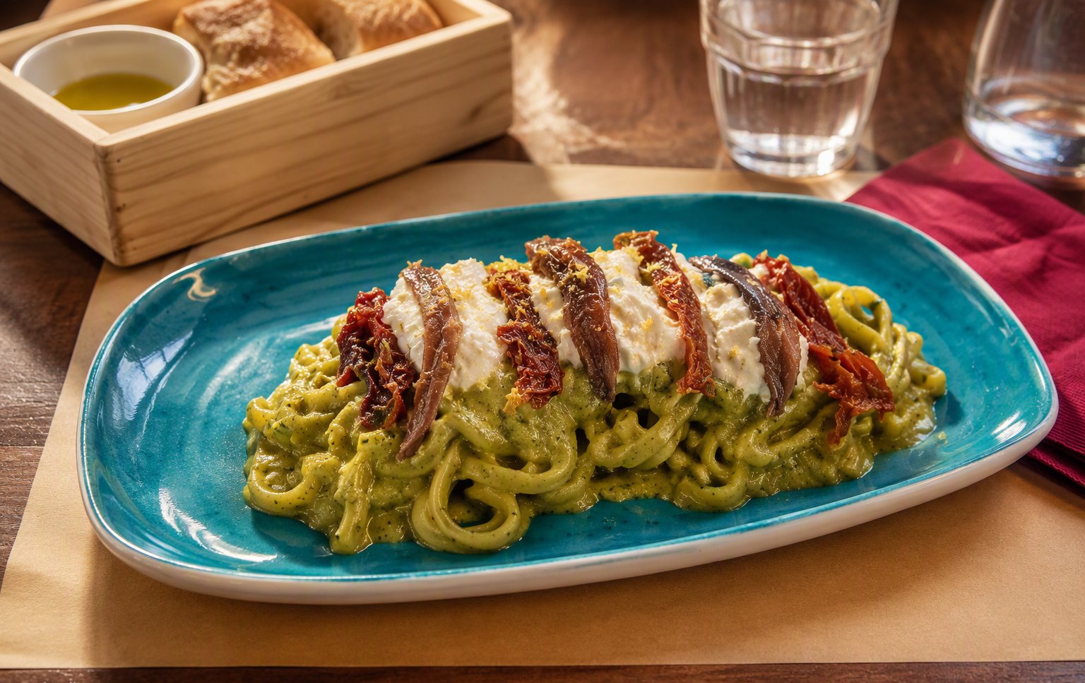 La pasta fresca al pesto con burrata e pomodorini secchi sul piatto turchese